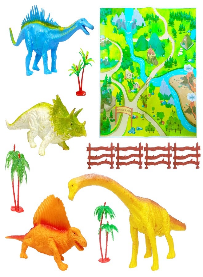 VGRASSP 4 Pcs Dinosaur Play Toy for Kids - Wild Dino Toy Figure Playset with Artificial Trees, Fences and Jungle Mat - Birthday Return Gift for Boys and Girls - Color As Per Stock - Image 1